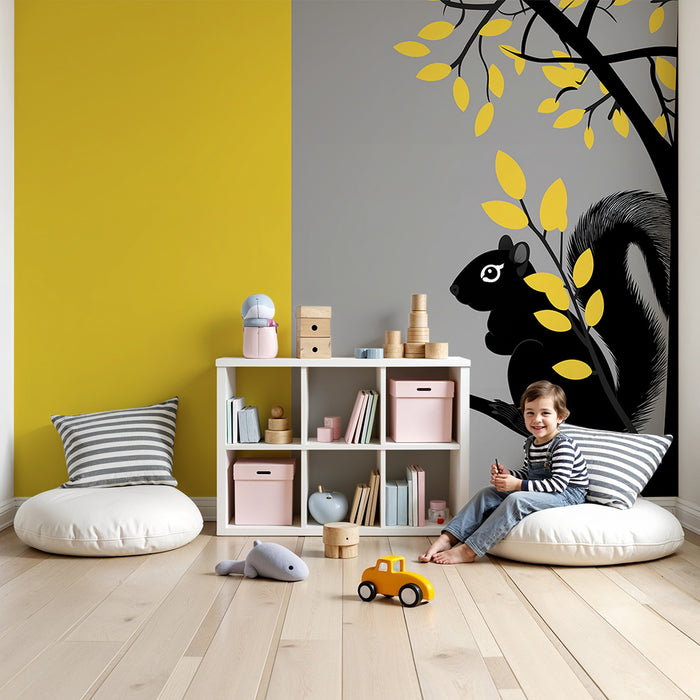 Kids room wallpaper | Playful squirrel on a grey and yellow background