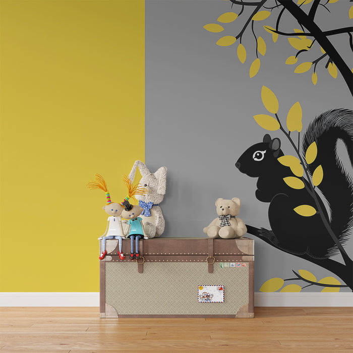 Kids room wallpaper | Playful squirrel on a grey and yellow background