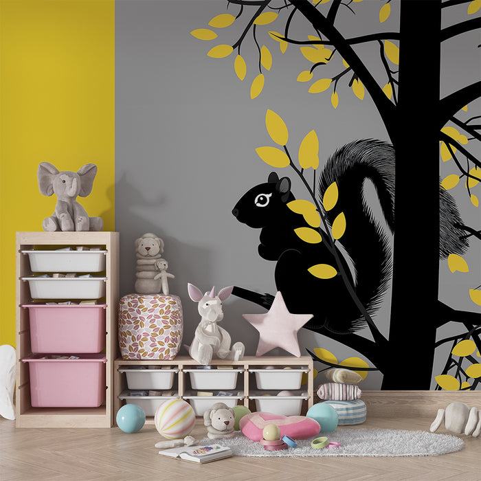 Kids room wallpaper | Playful squirrel on a grey and yellow background