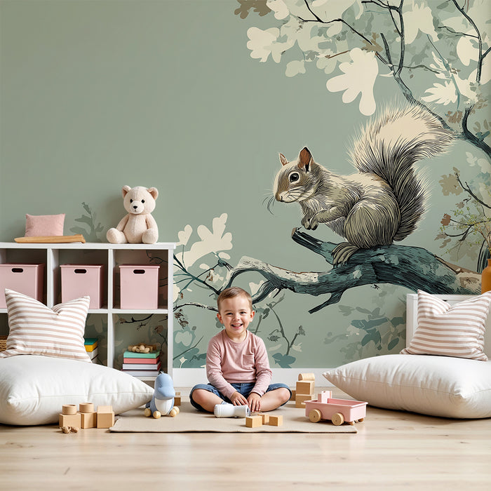 Papel de parede criança | Esquilo travesso em um galho com folhagem delicada
