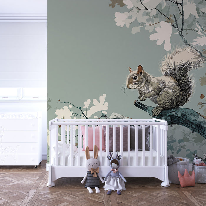 Papel de parede criança | Esquilo travesso em um galho com folhagem delicada
