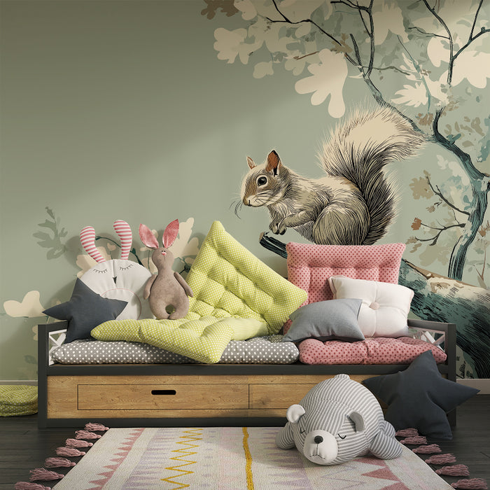 Papel de parede criança | Esquilo travesso em um galho com folhagem delicada