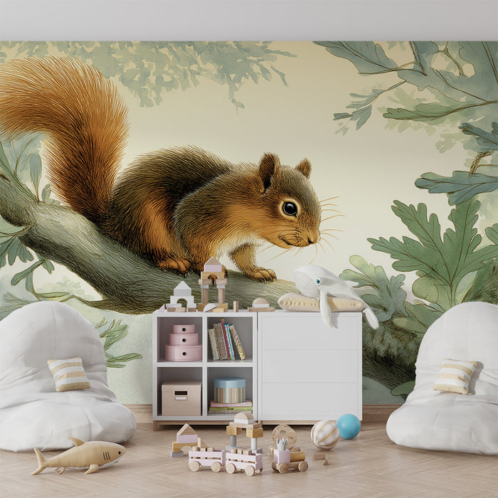 Papier peint chambre enfant | Écureuil espiègle sur une branche d'arbre