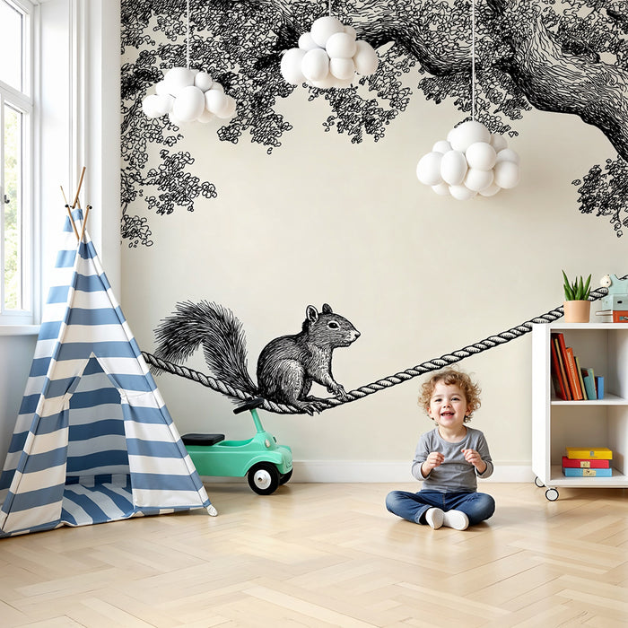 Kids room wallpaper | Playful squirrel on a rope suspended between trees