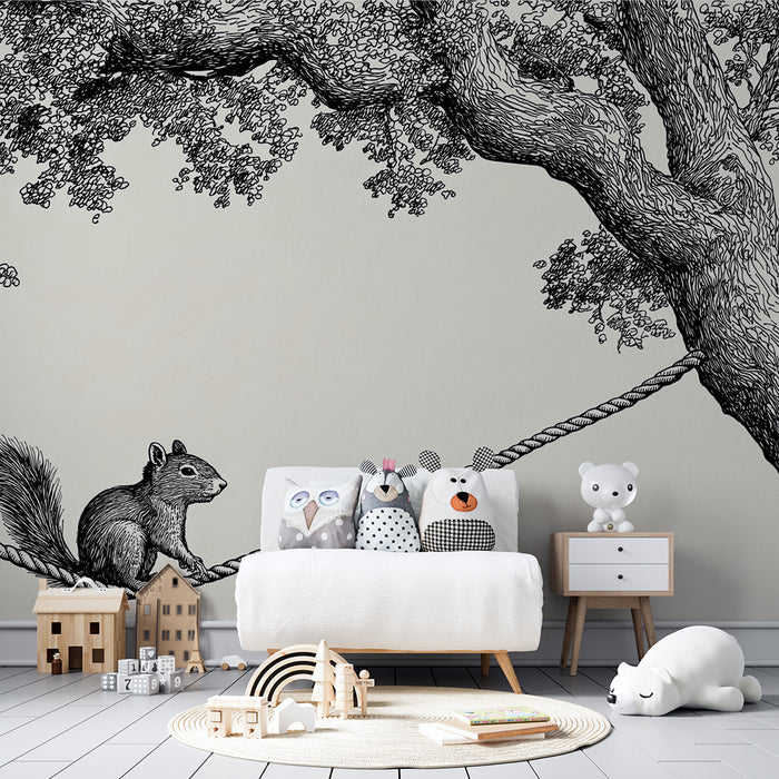 Kids room wallpaper | Playful squirrel on a rope suspended between trees