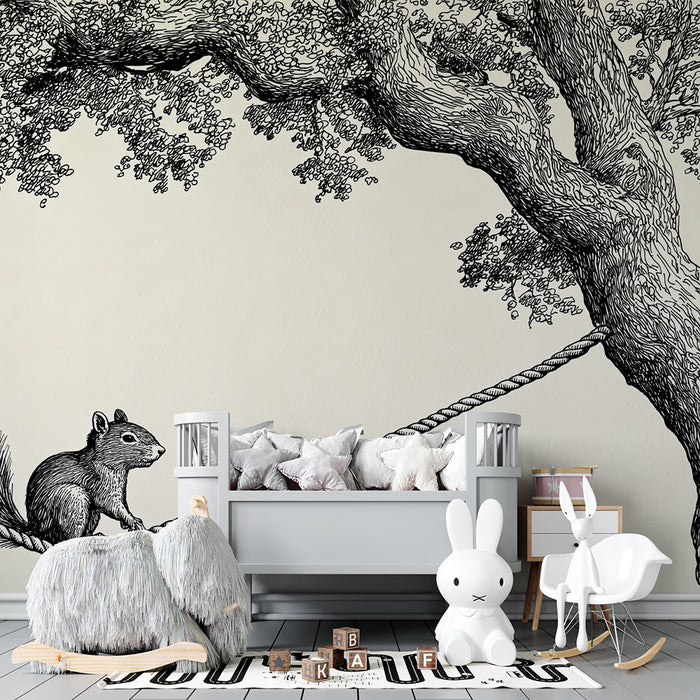 Kids room wallpaper | Playful squirrel on a rope suspended between trees