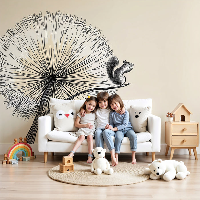 Papier peint chambre enfant | Ecureuil et arbre délicat