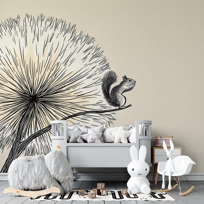 Papier peint chambre enfant | Ecureuil et arbre délicat