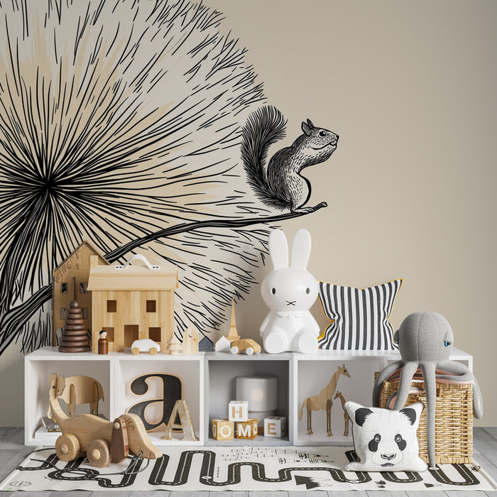 Papier peint chambre enfant | Ecureuil et arbre délicat