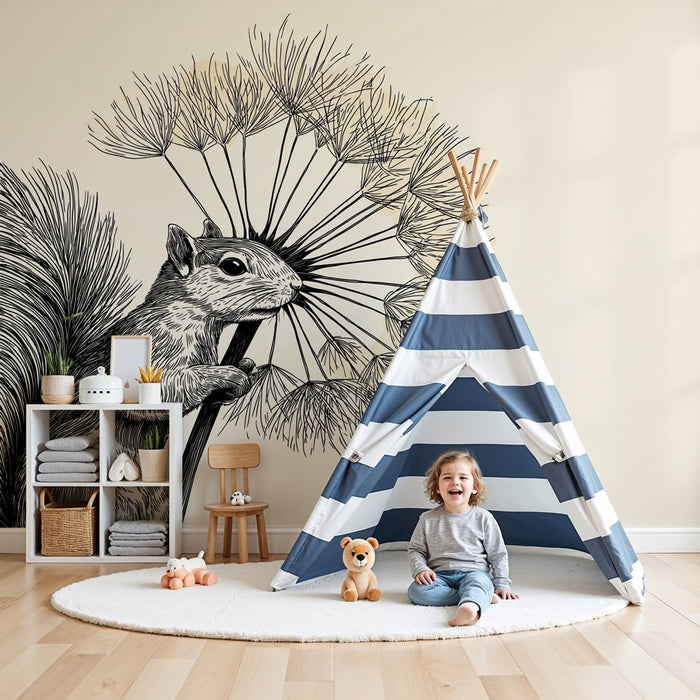 Papier peint chambre enfant | Écureuil et pissenlit délicat