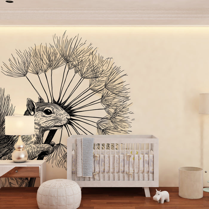 Papier peint chambre enfant | Écureuil et pissenlit délicat