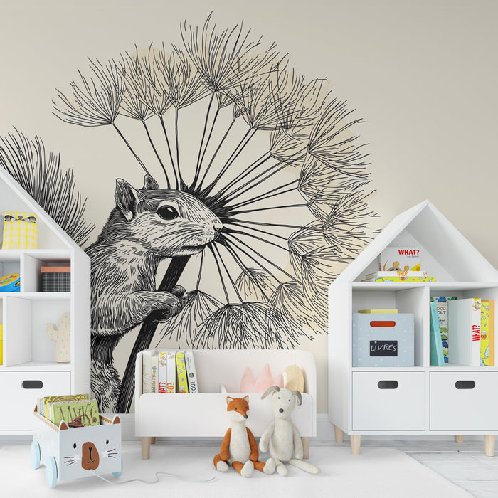 Papier peint chambre enfant | Écureuil et pissenlit délicat