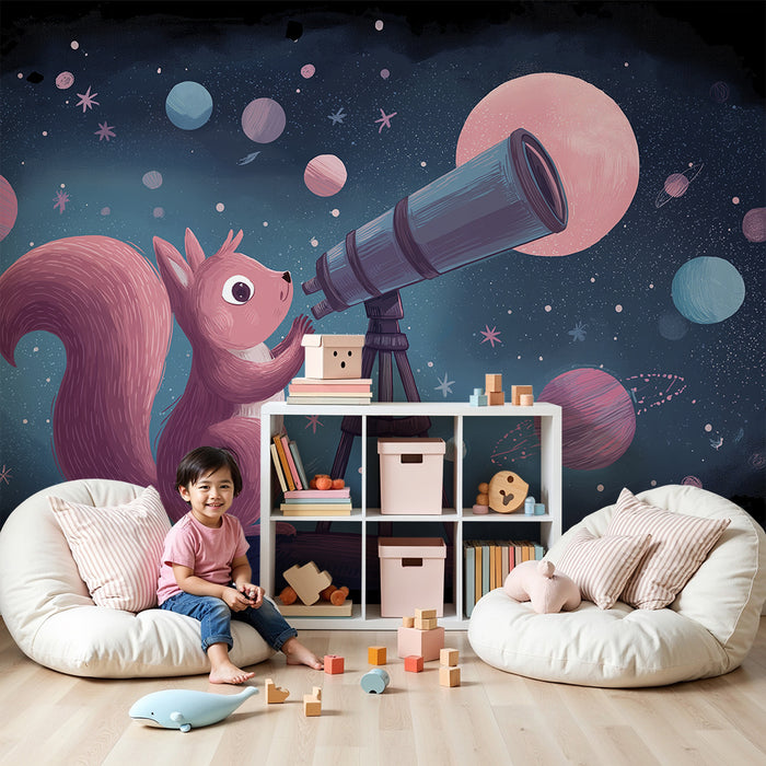 Kids room wallpaper | Explorer squirrel under the stars