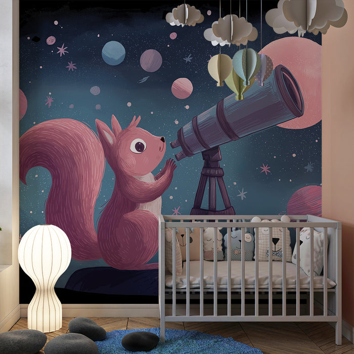 Kids room wallpaper | Explorer squirrel under the stars