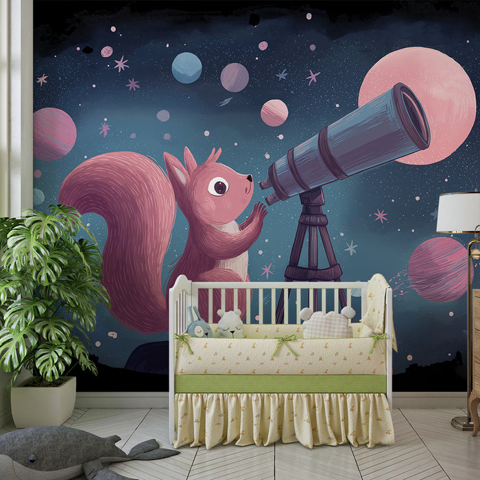 Kids room wallpaper | Explorer squirrel under the stars