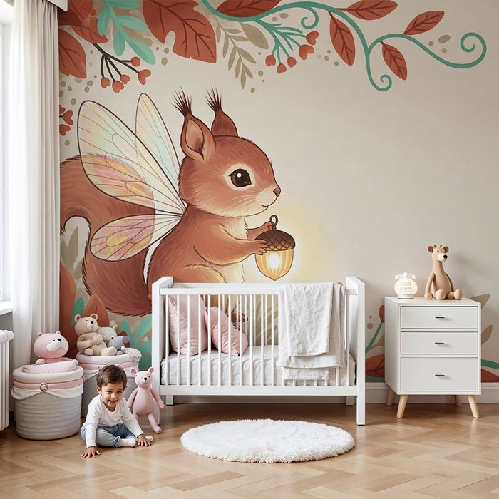 Papier peint chambre enfant | Ecureuil féerique avec feuilles automnales et glands lumineux