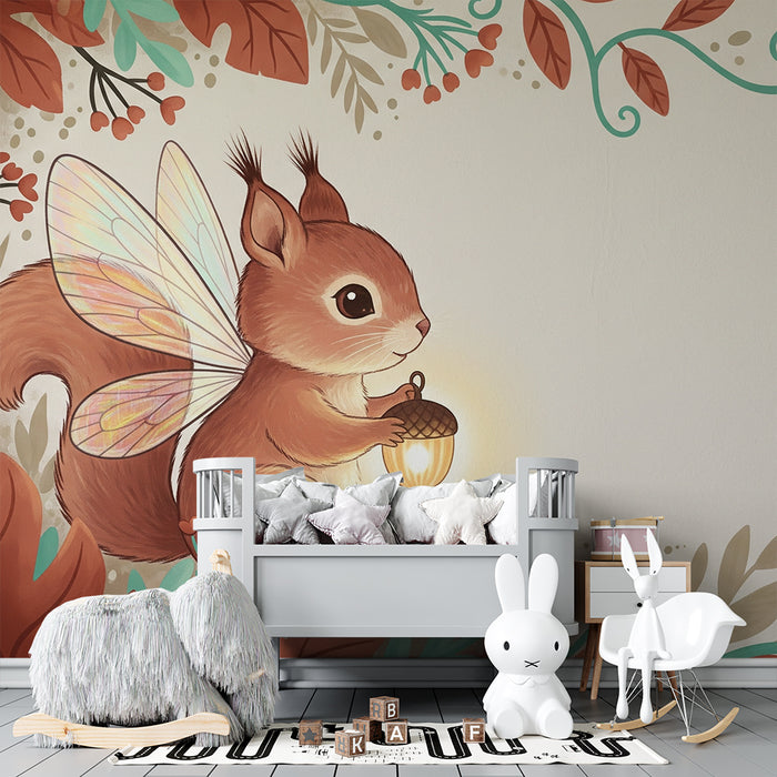 Papier peint chambre enfant | Ecureuil féerique avec feuilles automnales et glands lumineux