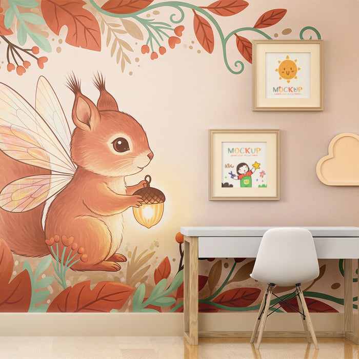 Papier peint chambre enfant | Ecureuil féerique avec feuilles automnales et glands lumineux