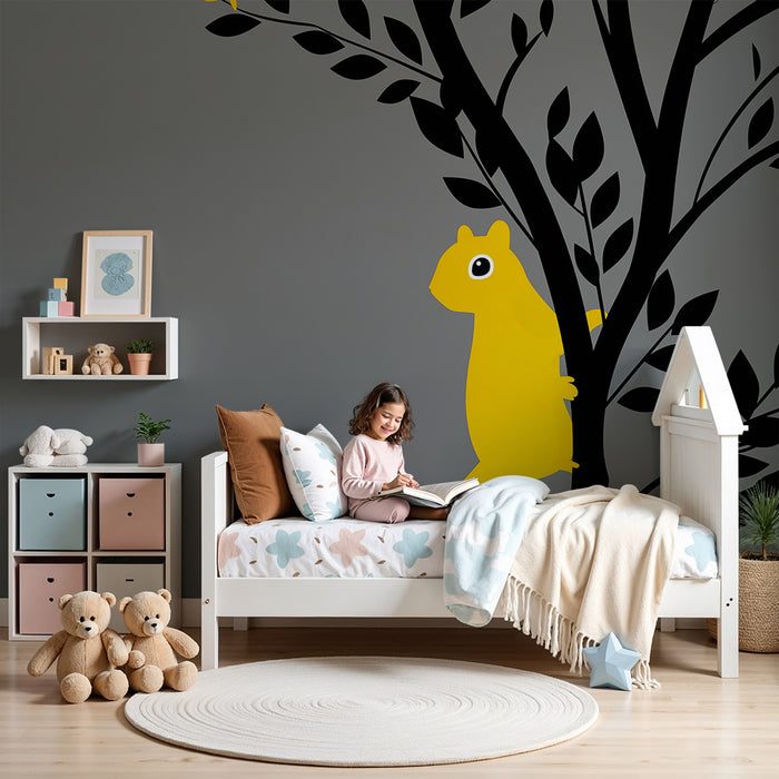 Kids room wallpaper | Yellow squirrel on a gray background with stylized branches