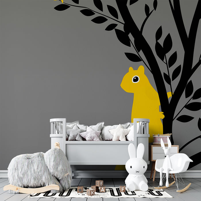 Kids room wallpaper | Yellow squirrel on a gray background with stylized branches
