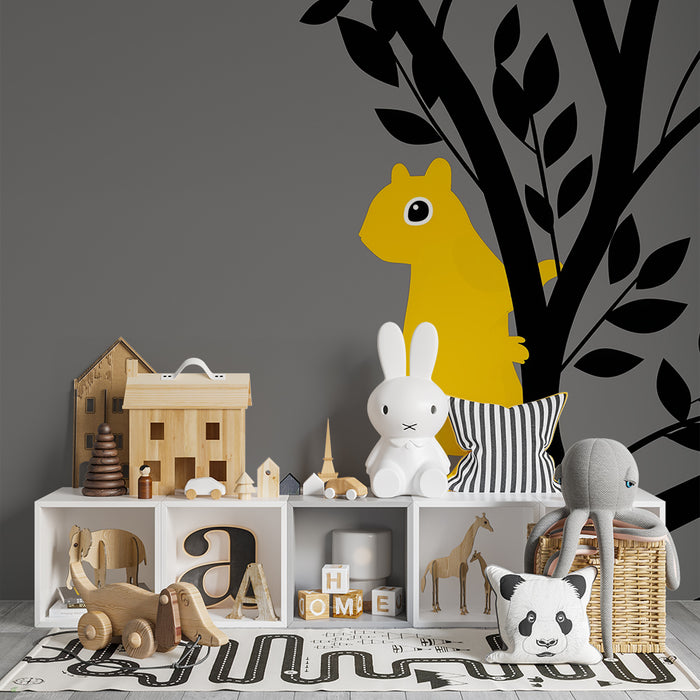 Kids room wallpaper | Yellow squirrel on a gray background with stylized branches