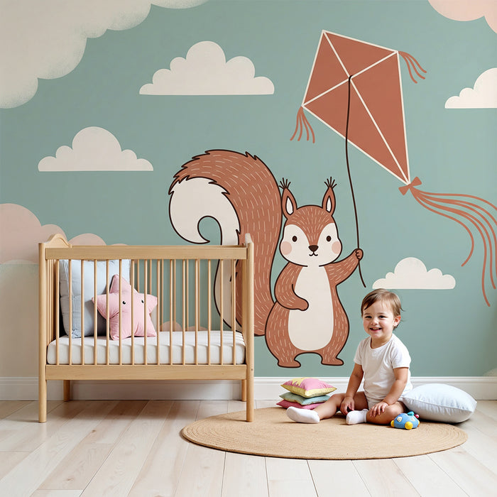 Papier peint chambre enfant | Ecureuil joueur et cerf-volant dans le ciel