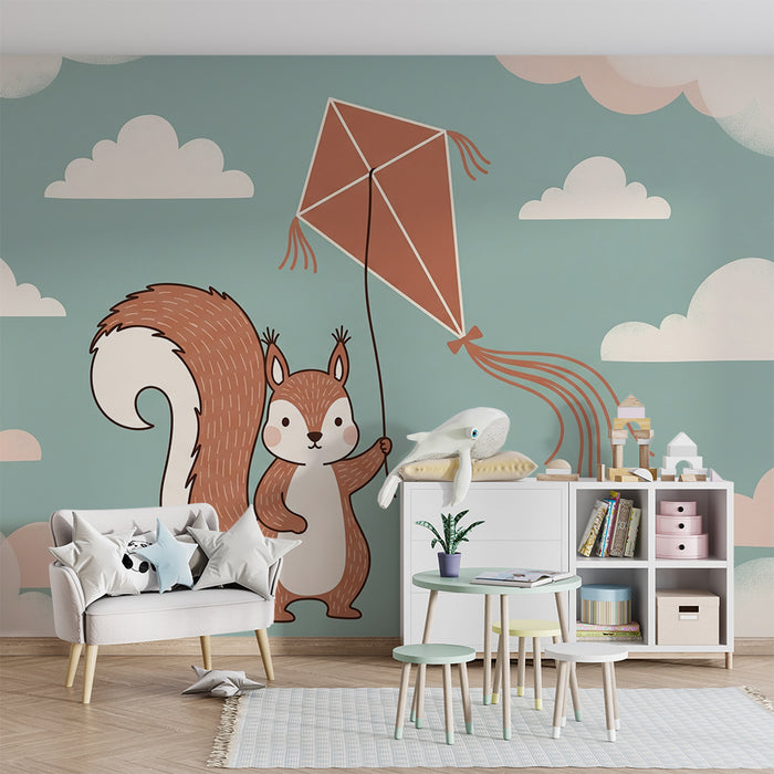 Papier peint chambre enfant | Ecureuil joueur et cerf-volant dans le ciel