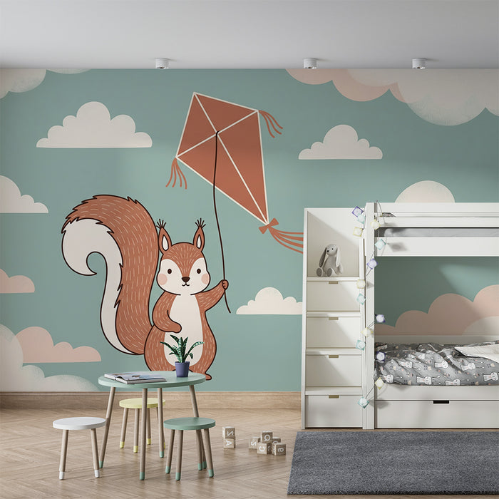 Papier peint chambre enfant | Ecureuil joueur et cerf-volant dans le ciel