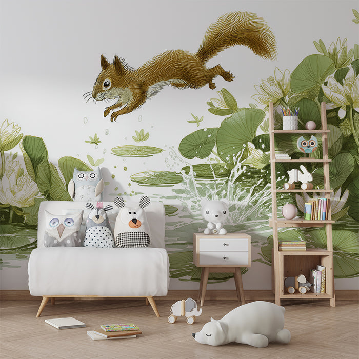 Papier peint chambre enfant | Écureuil joueur sautant au-dessus d'un étang fleuri