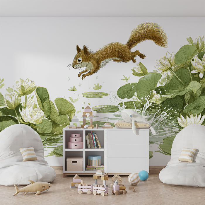 Papier peint chambre enfant | Écureuil joueur sautant au-dessus d'un étang fleuri