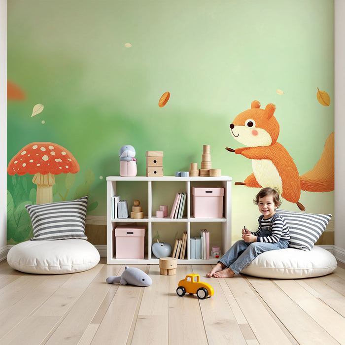 Kinderkamer behang | Vrolijke eekhoorn springend tussen bladeren en paddenstoelen