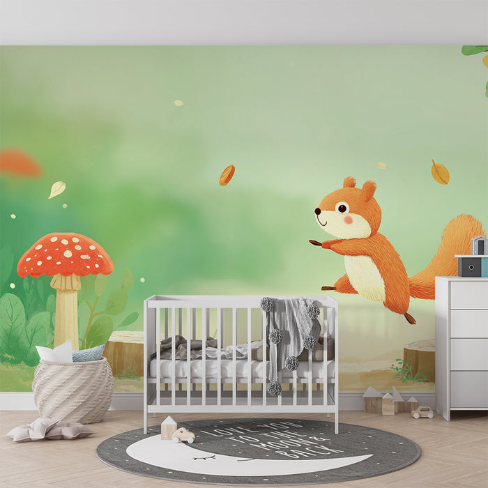 Kinderkamer behang | Vrolijke eekhoorn springend tussen bladeren en paddenstoelen