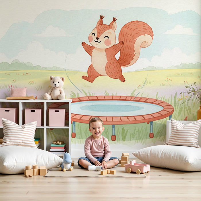 Kids room wallpaper | Õnnelik orav trampoliinil looduses