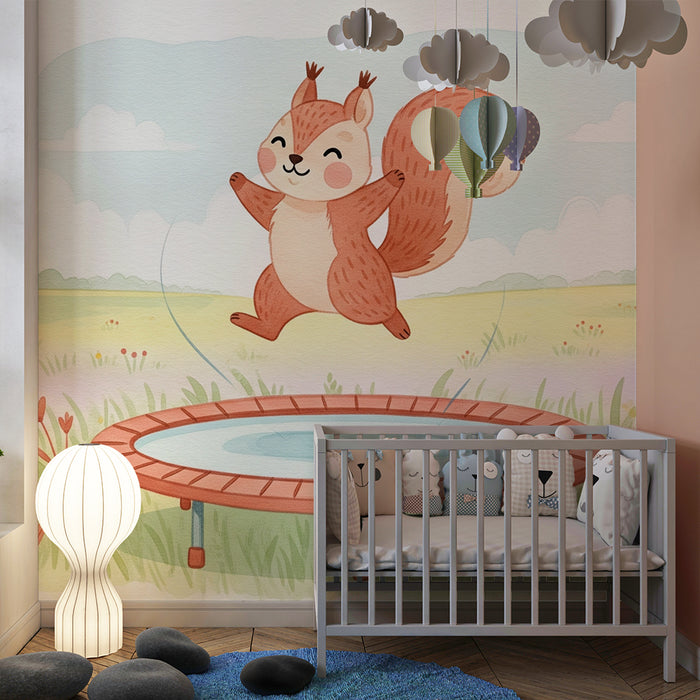 Kids room wallpaper | Õnnelik orav trampoliinil looduses