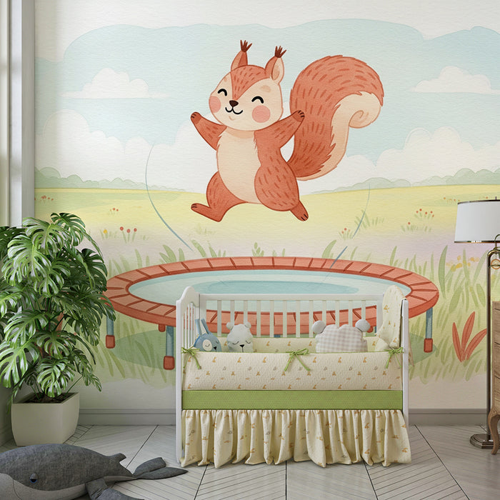 Kids room wallpaper | Õnnelik orav trampoliinil looduses