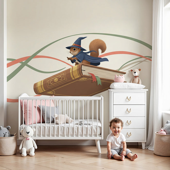 Papel de parede criança | Esquilo mágico em um livro voador com fitas coloridas