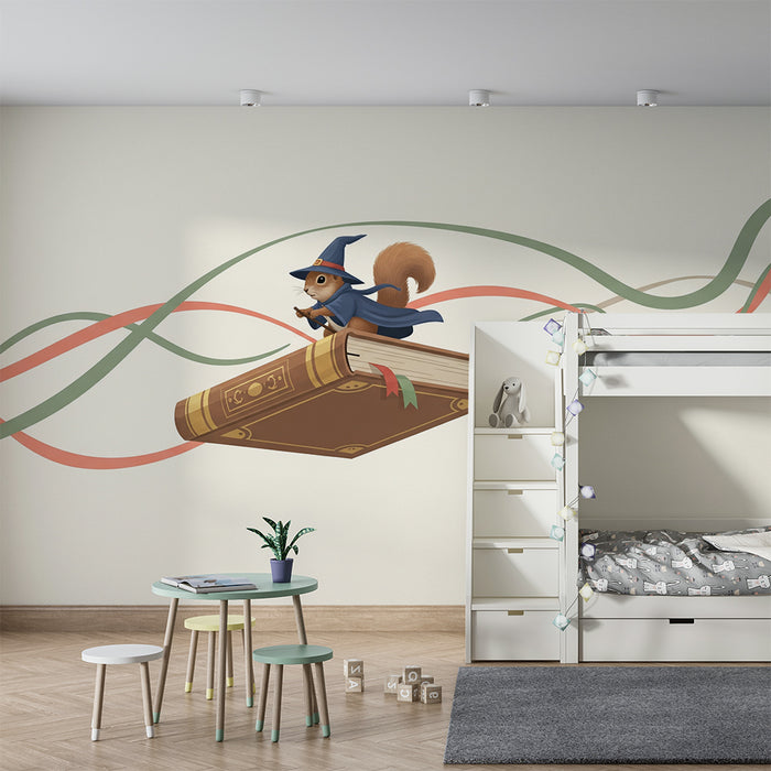 Papel de parede criança | Esquilo mágico em um livro voador com fitas coloridas