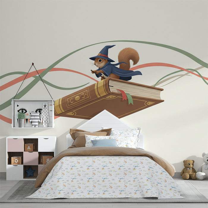 Papel de parede criança | Esquilo mágico em um livro voador com fitas coloridas