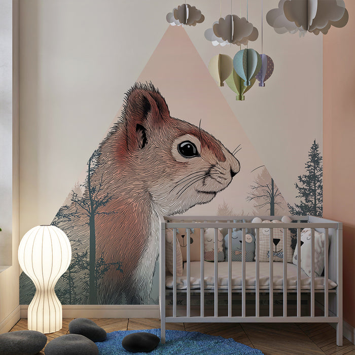 Papier peint chambre enfant | Écureuil majestueux et forêt mystérieuse