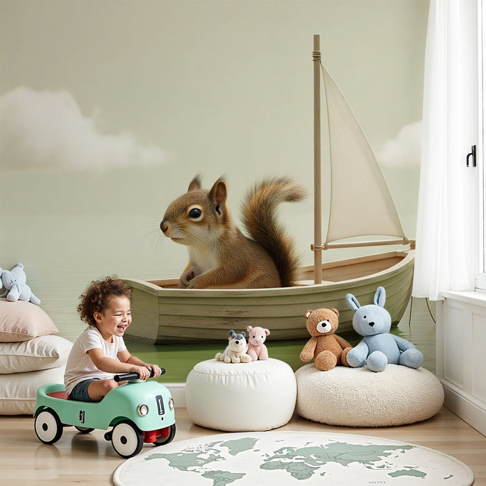 Kinderzimmer Tapete | Seehörnchen auf einem Boot