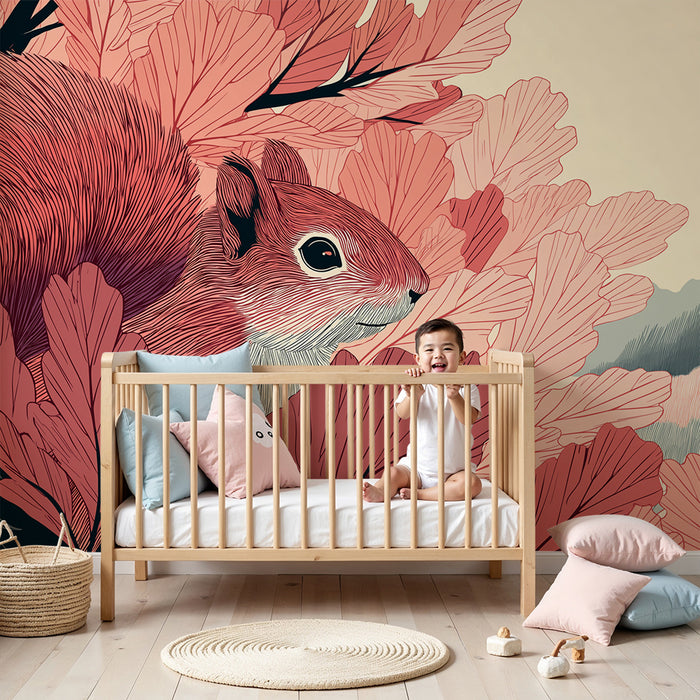 Kids room wallpaper | Cute squirrel in the middle of pink foliage