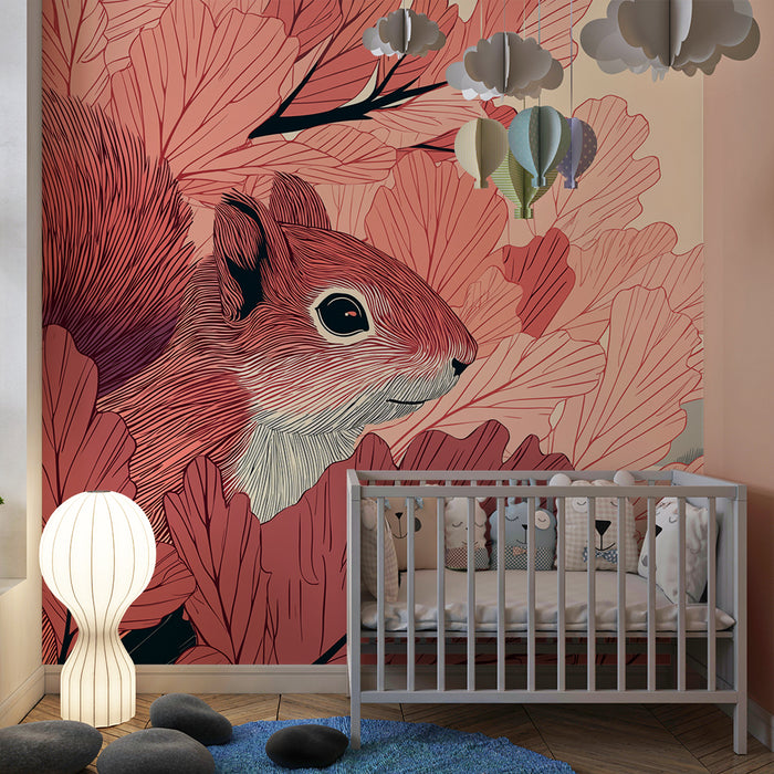 Kids room wallpaper | Cute squirrel in the middle of pink foliage