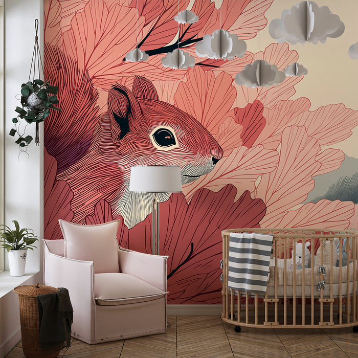 Kids room wallpaper | Cute squirrel in the middle of pink foliage