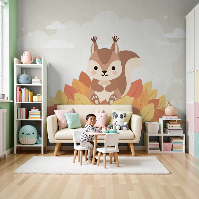 Kinderzimmer Tapete | Niedliches Eichhörnchen inmitten von Herbstblättern