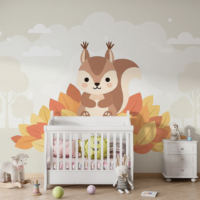 Kinderzimmer Tapete | Niedliches Eichhörnchen inmitten von Herbstblättern