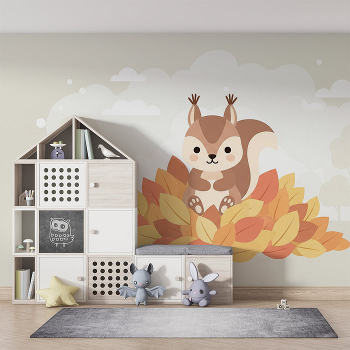 Kinderzimmer Tapete | Niedliches Eichhörnchen inmitten von Herbstblättern