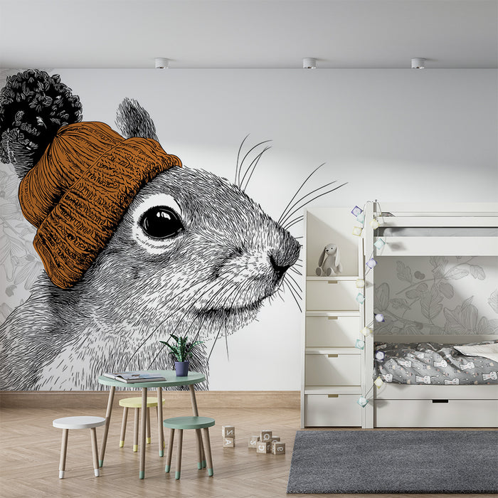 Barntapet | Söt ekorre med stickad mössa på blommig bakgrund