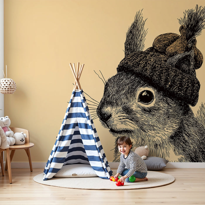 Kids room wallpaper | Arms mõnus orav mütsiga beežil taustal