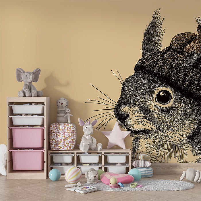 Kids room wallpaper | Arms mõnus orav mütsiga beežil taustal