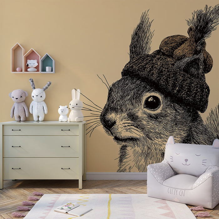 Kids room wallpaper | Arms mõnus orav mütsiga beežil taustal